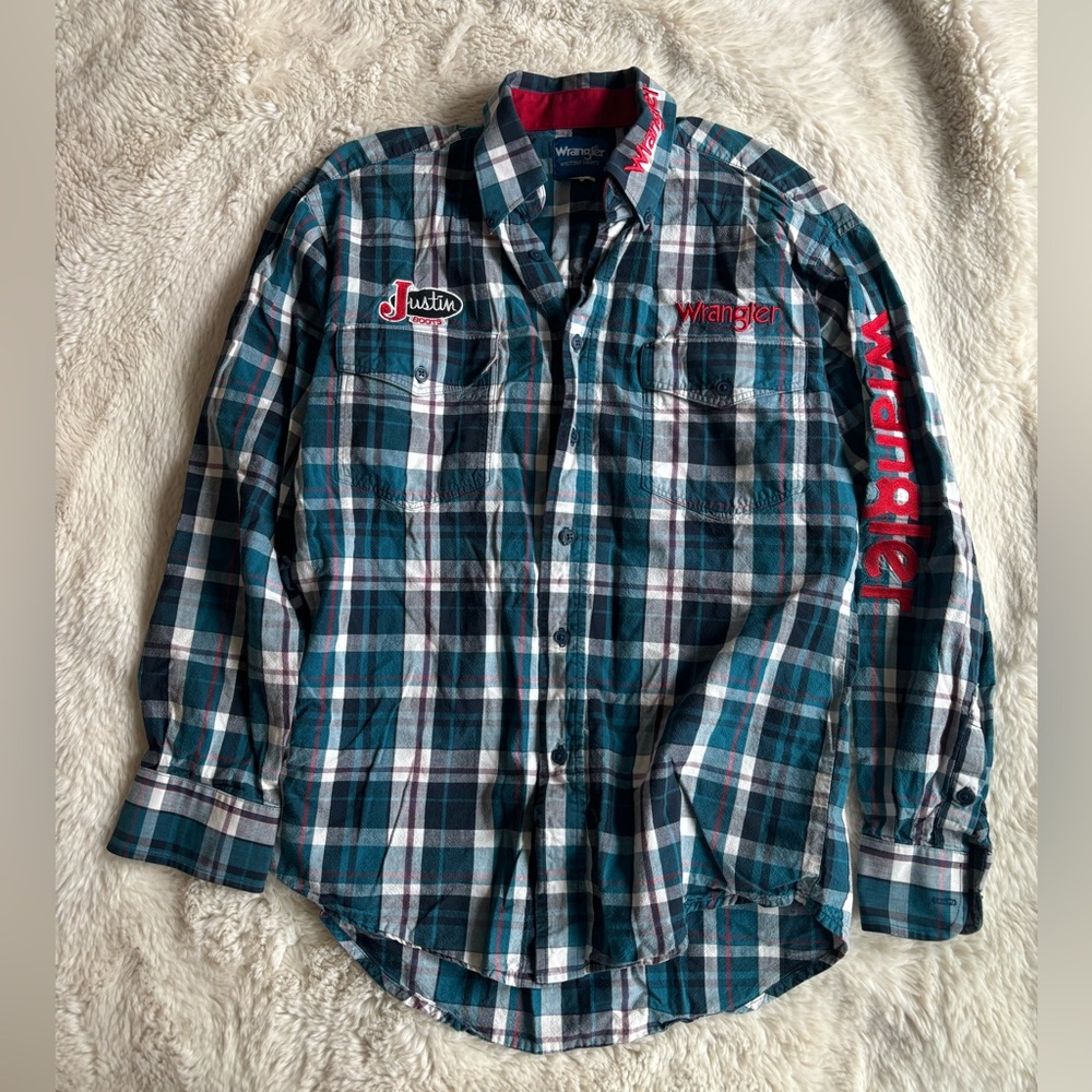Wrangler Riding Justin Boots Blue Plaid Button Down Long Sleeve Shirt